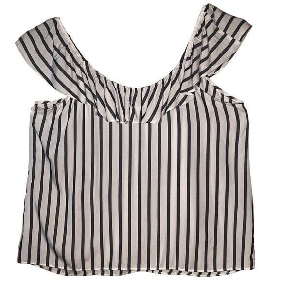 Old Navy Womens XL Off-Shoulder Striped Ruffle Top Gray/White Blouse Lightweight - Picture 2 of 13